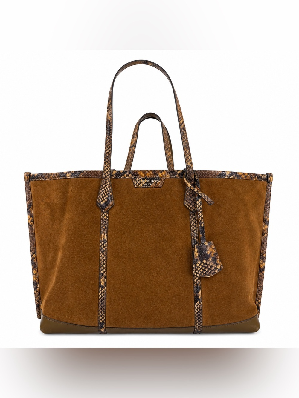Tory Burch Perry Suede Snake Print Triple Compartment Tote Brown (CLEO)
